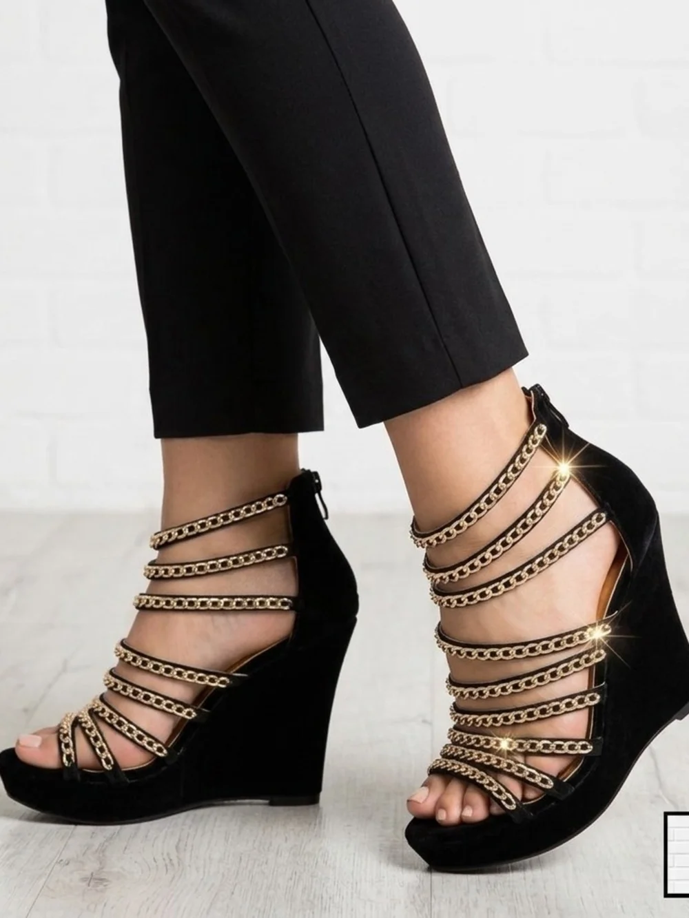 *LIILIANA Black Gold Chain Caged Platform Wedges High Heels Sandals Size 8.5 NIB